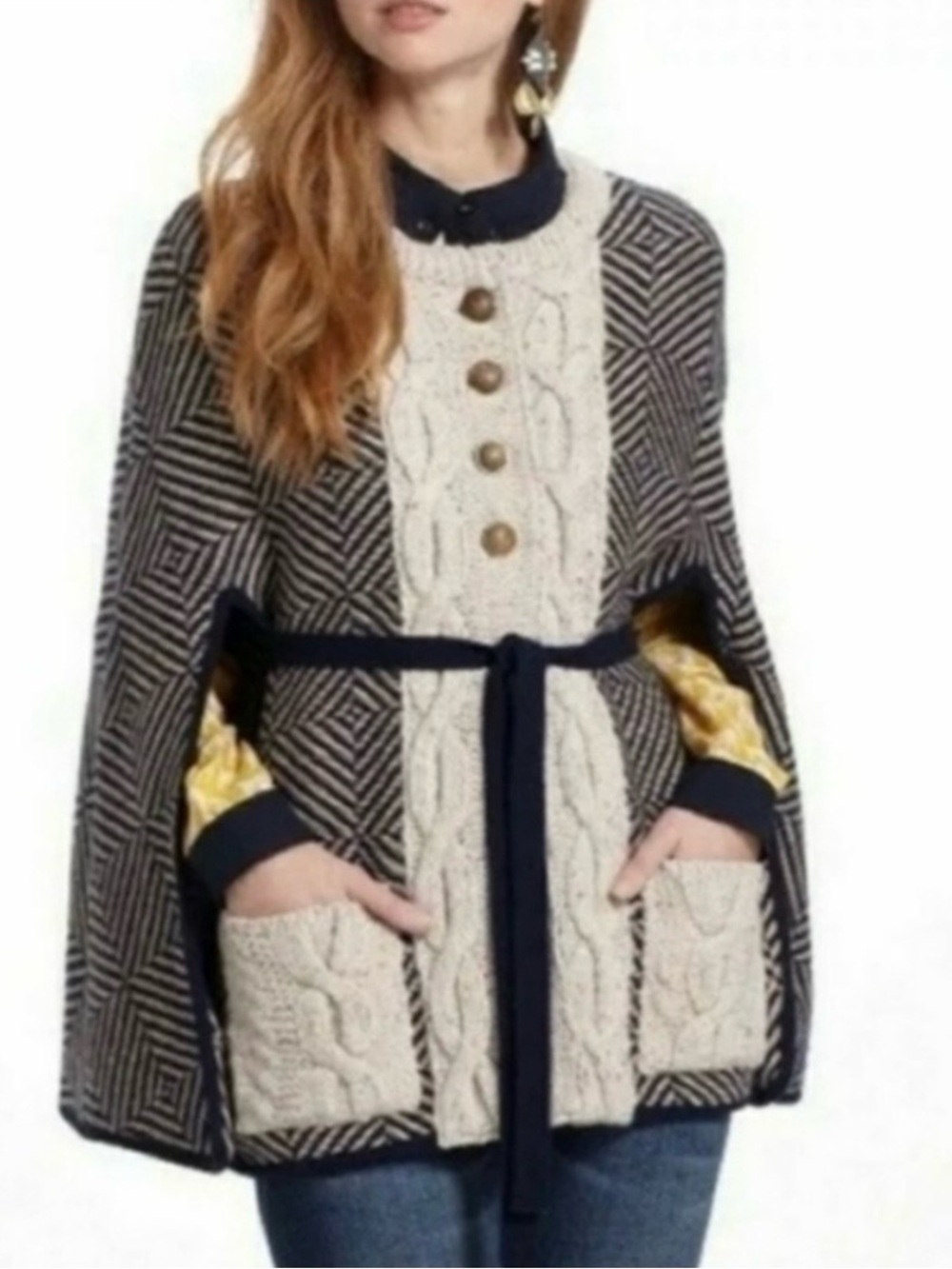 Anthropologie HWR Cable Knit Sweater Cape Cardigan Navy Beige